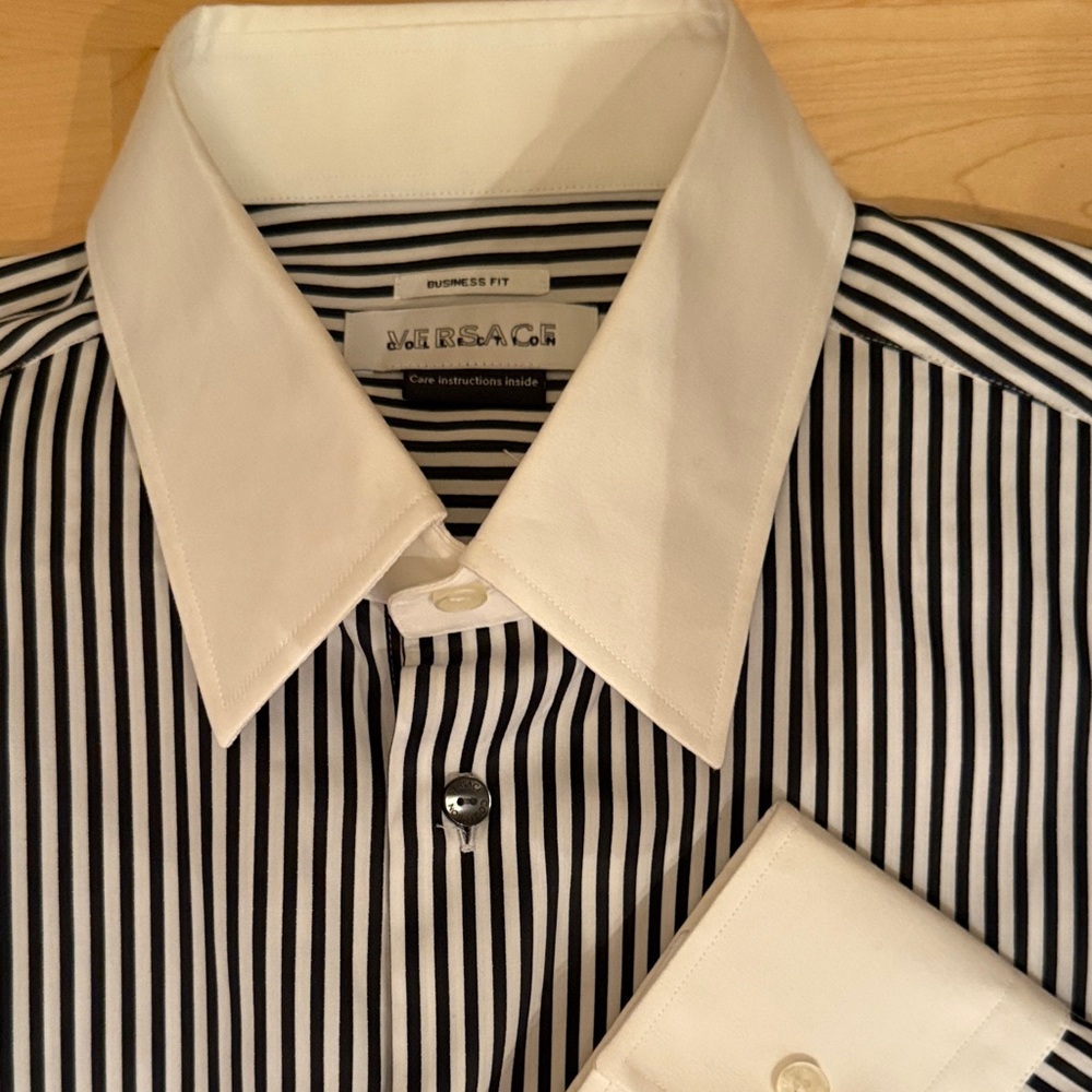 Versace Collection Men's Shirt with Black and White Stripes white collar, cuffs